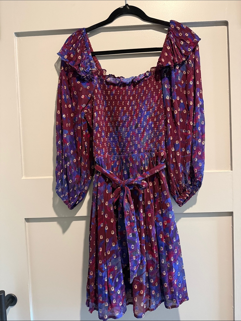 Cleobella Burgundy and Purple Smocked Off-Shoulder Mini Dress